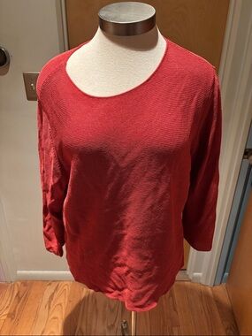 Eileen Fisher Red Scoop Neck Knit Long Sleeve Top